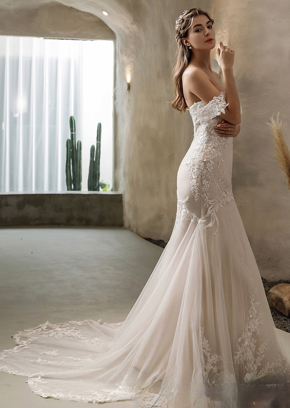 Off The Shoulder Mermaid Wedding Dress in Glitter Tulle With Open Back