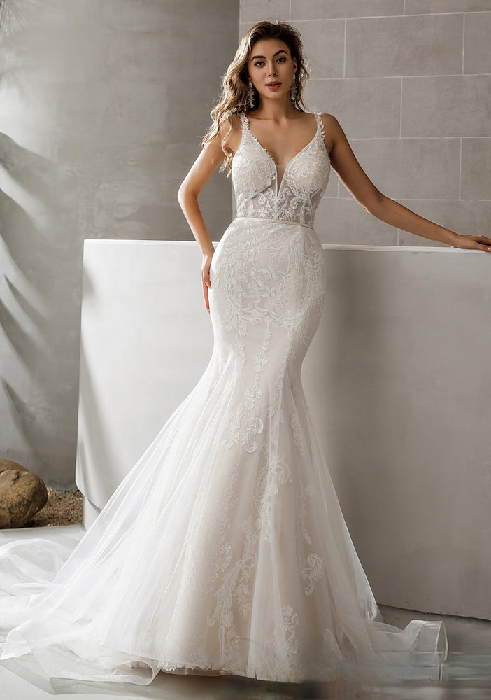 
                      
                        Geometric Lace Fit and Flare Bridal Gown With Sheer Train
                      
                    