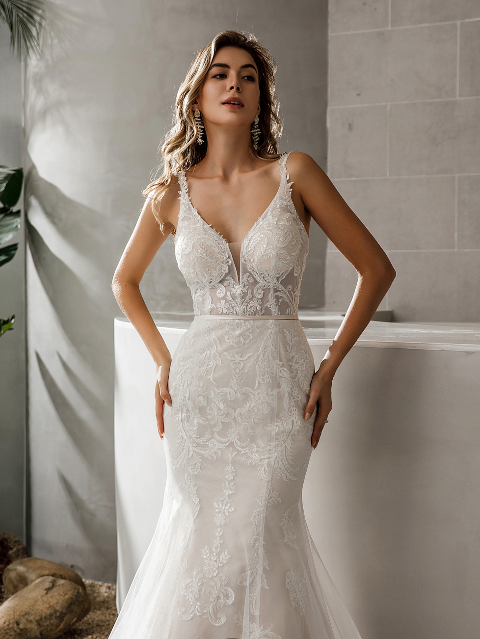 Geometric Lace Fit and Flare Bridal Gown With Sheer Train