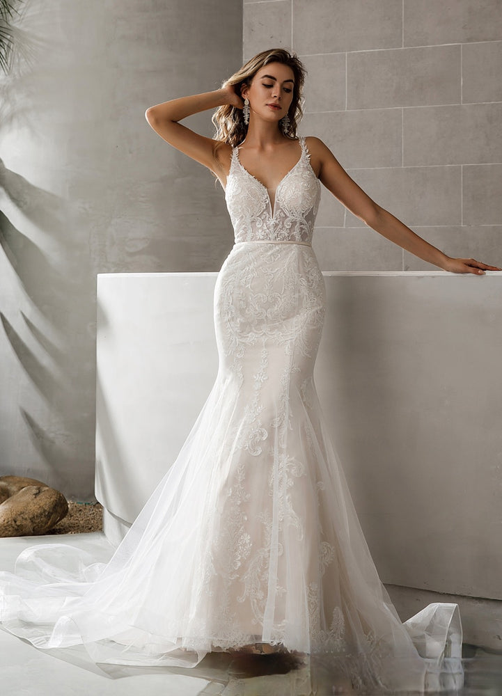 
                      
                        Geometric Lace Fit and Flare Bridal Gown With Sheer Train
                      
                    