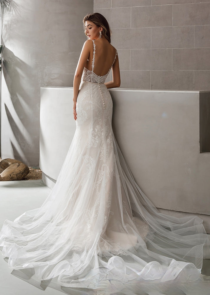 
                      
                        Geometric Lace Fit and Flare Bridal Gown With Sheer Train
                      
                    