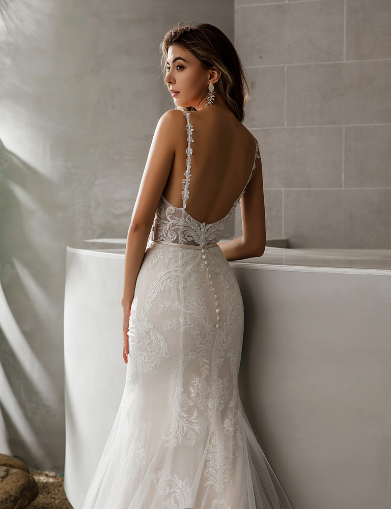 
                      
                        Geometric Lace Fit and Flare Bridal Gown With Sheer Train
                      
                    