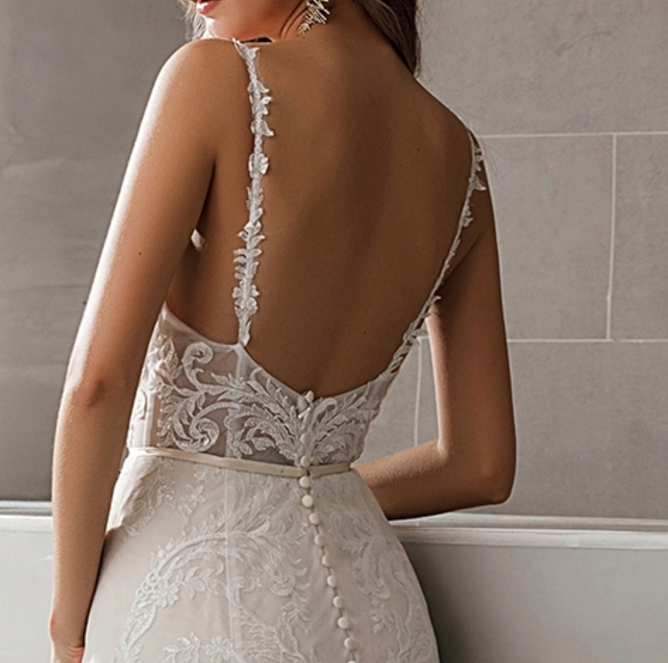 
                      
                        Geometric Lace Fit and Flare Bridal Gown With Sheer Train
                      
                    