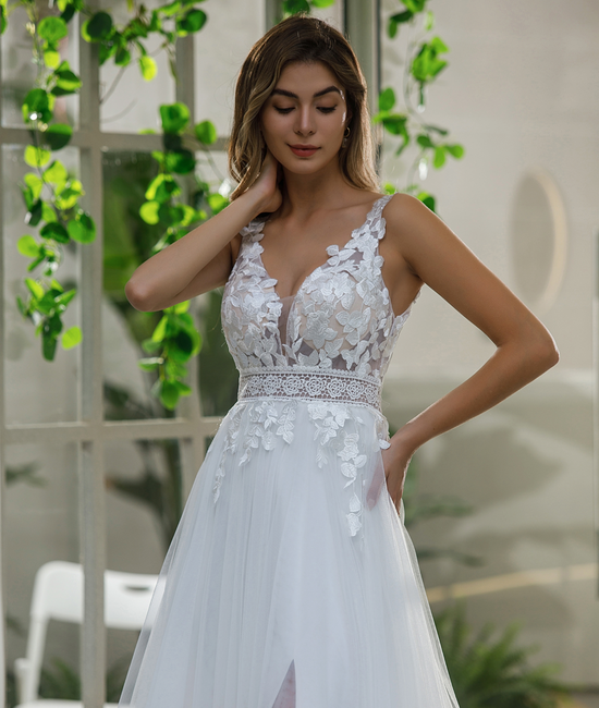 Inspired Lace A-line Wedding Dress With Slit Tulle Skirt – TulleLux ...