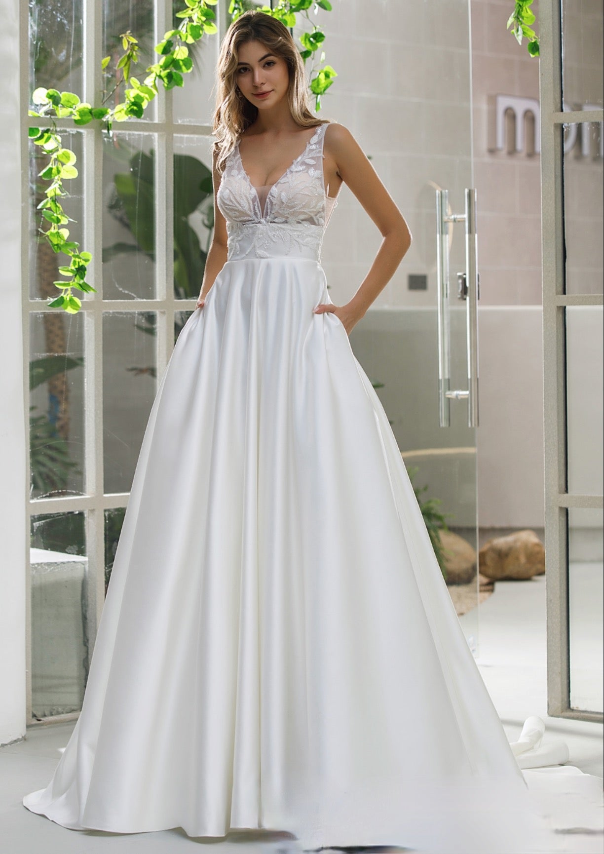 Illusion Bodice Satin A-line Bridal Gown With Pockets