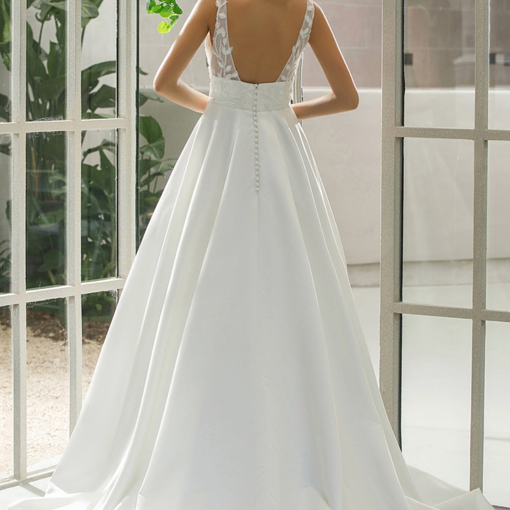 
                      
                        Illusion Bodice Satin A-line Bridal Gown With Pockets
                      
                    