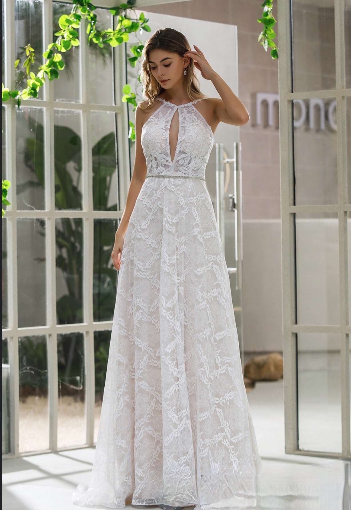 Load image into Gallery viewer, Halter Neckline Lace Bridal Gown With Crisscross Back

