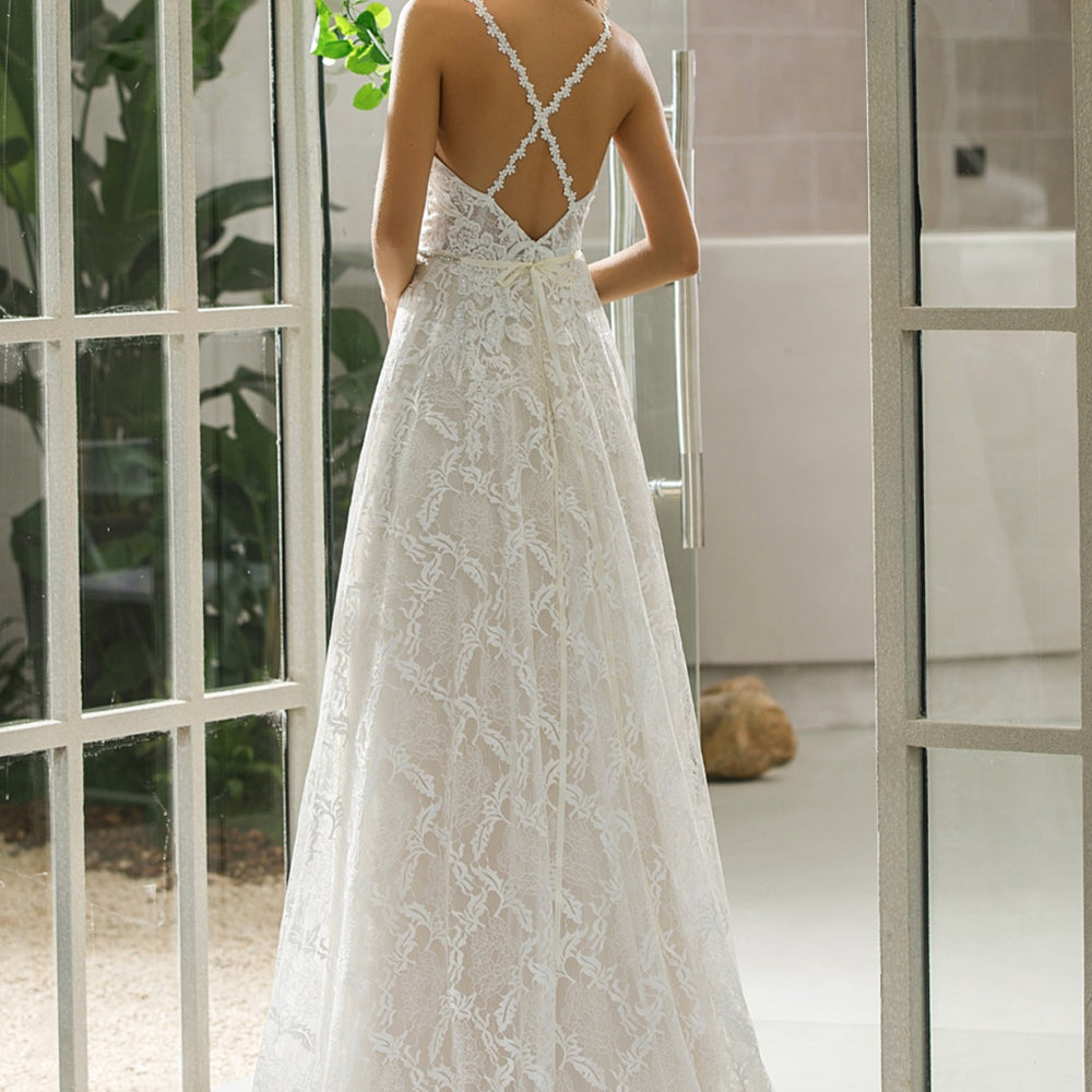
                      
                        Halter Neckline Lace Bridal Gown With Crisscross Back
                      
                    