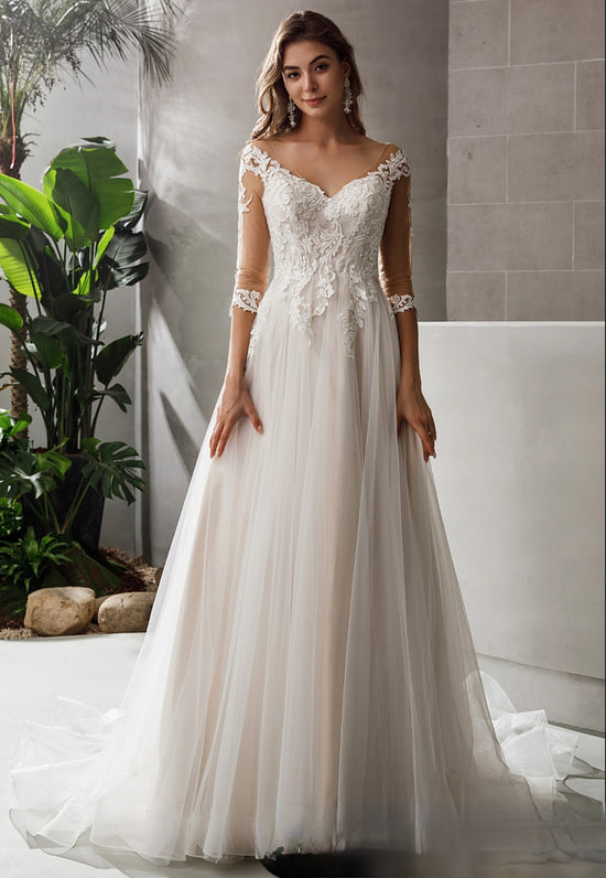 Gorgeous Lace A-line Bridal Gown With 3/4 sleeves