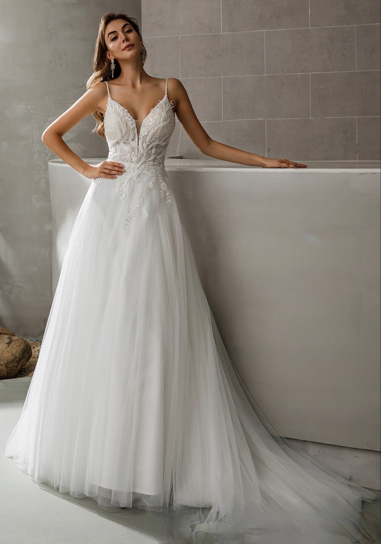 Load image into Gallery viewer, Beaded Straps V-Neck Lace A-Line Long Wedding Dress
