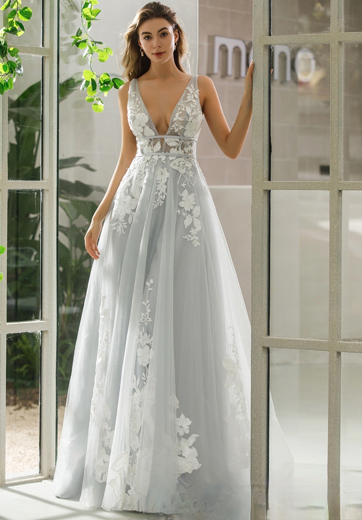 Plunging V-Neck Wedding Dress With Floral Motifs