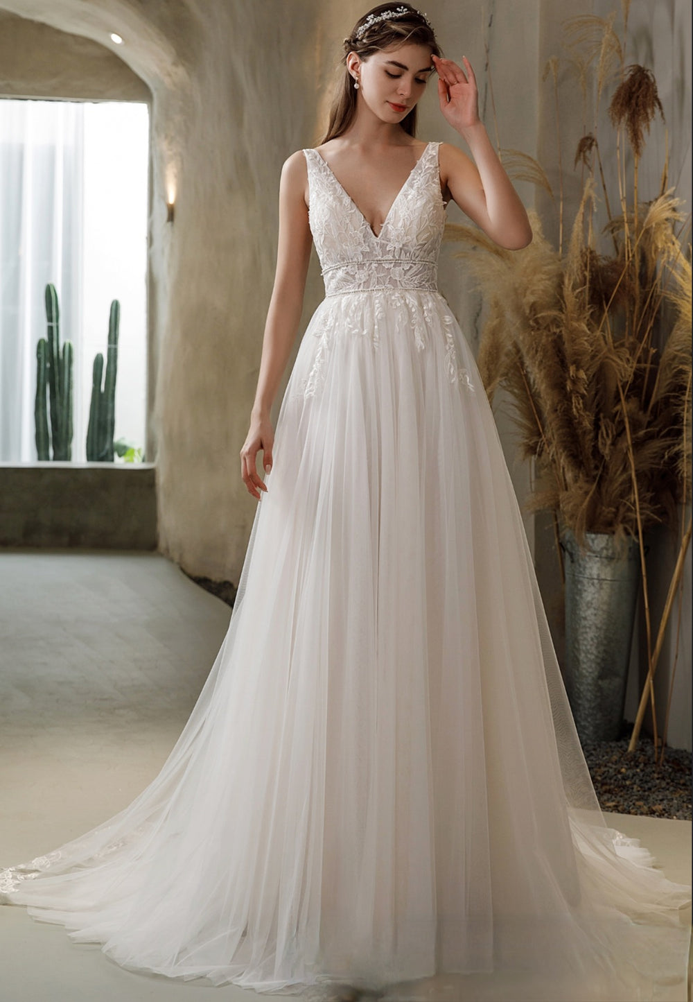 V-Neck Tulle Bridal Gown with Double Banded Waist