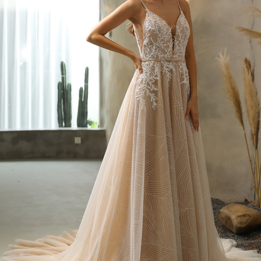 
                      
                        Shimmery Sequined Lace A-Line Wedding Dress With Long Train
                      
                    