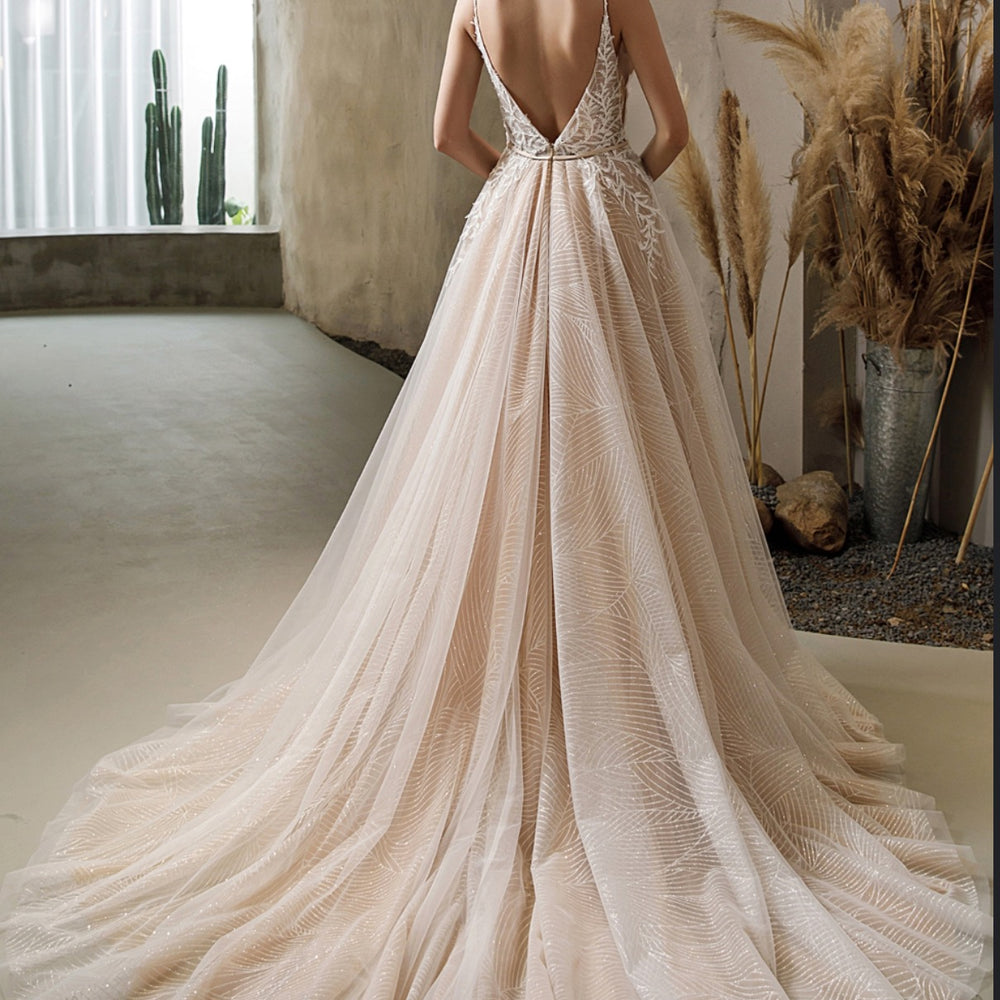
                      
                        Shimmery Sequined Lace A-Line Wedding Dress With Long Train
                      
                    