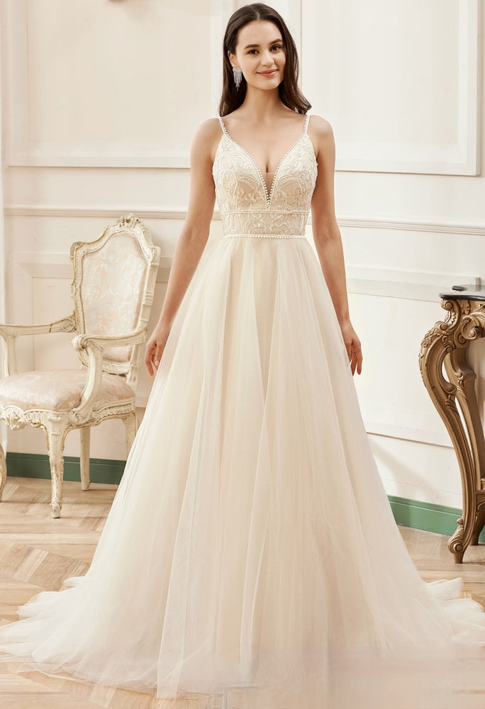 
                      
                        Champagne Romantic Spaghetti Straps A-Line Wedding Dress
                      
                    