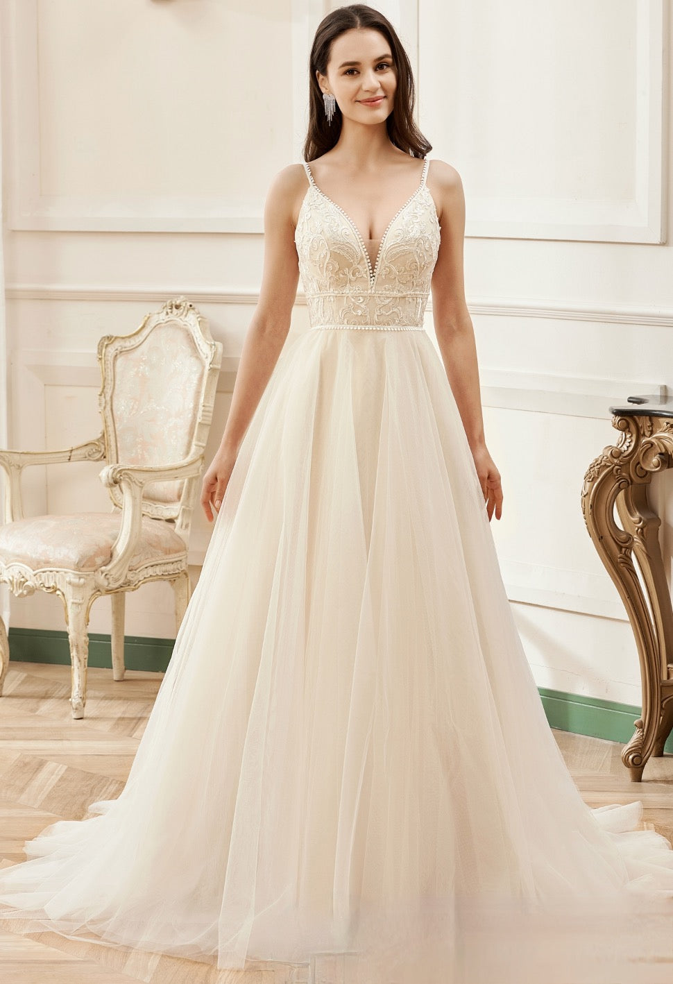 Load image into Gallery viewer, Champagne Romantic Spaghetti Straps A-Line Wedding Dress
