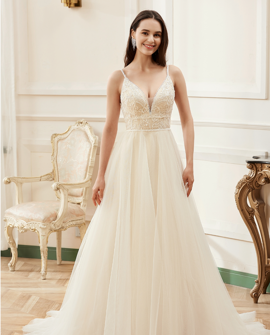 Load image into Gallery viewer, Champagne Romantic Spaghetti Straps A-Line Wedding Dress
