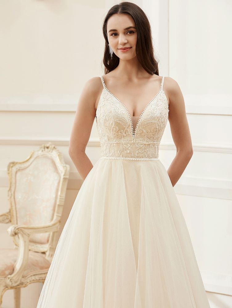 
                      
                        Champagne Romantic Spaghetti Straps A-Line Wedding Dress
                      
                    