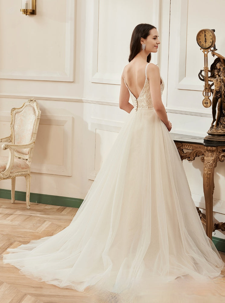 
                      
                        Champagne Romantic Spaghetti Straps A-Line Wedding Dress
                      
                    