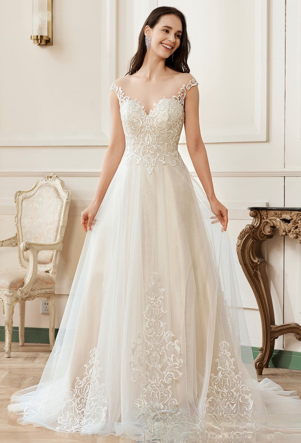 Illusion A-Line Scoop Neckline Lace Bridal Gown