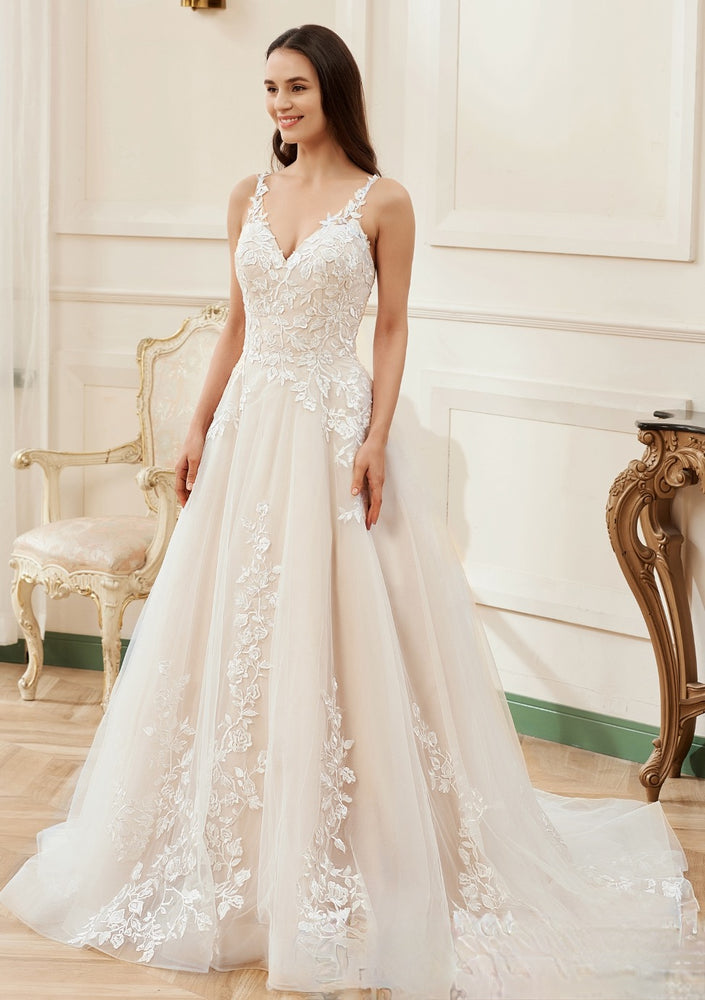 
                      
                        Pink Nude A-Line Floral Details With Illusion Straps Wedding Dress
                      
                    