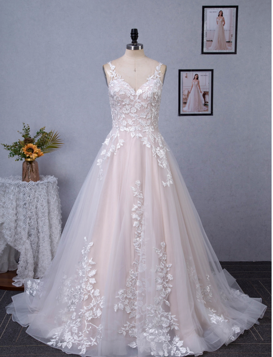 Load image into Gallery viewer, Pink Nude A-Line Floral Details With Illusion Straps Wedding Dress
