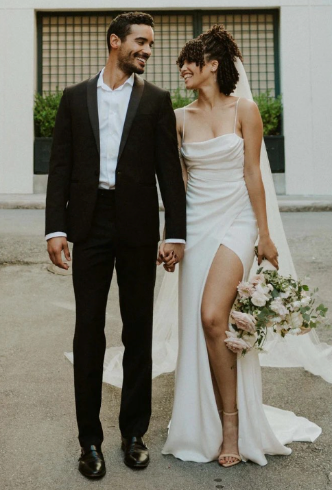 
                      
                        Simple Sexy Boho Mermaid High Slit Bohemian Satin Wedding Bridal Gown
                      
                    
