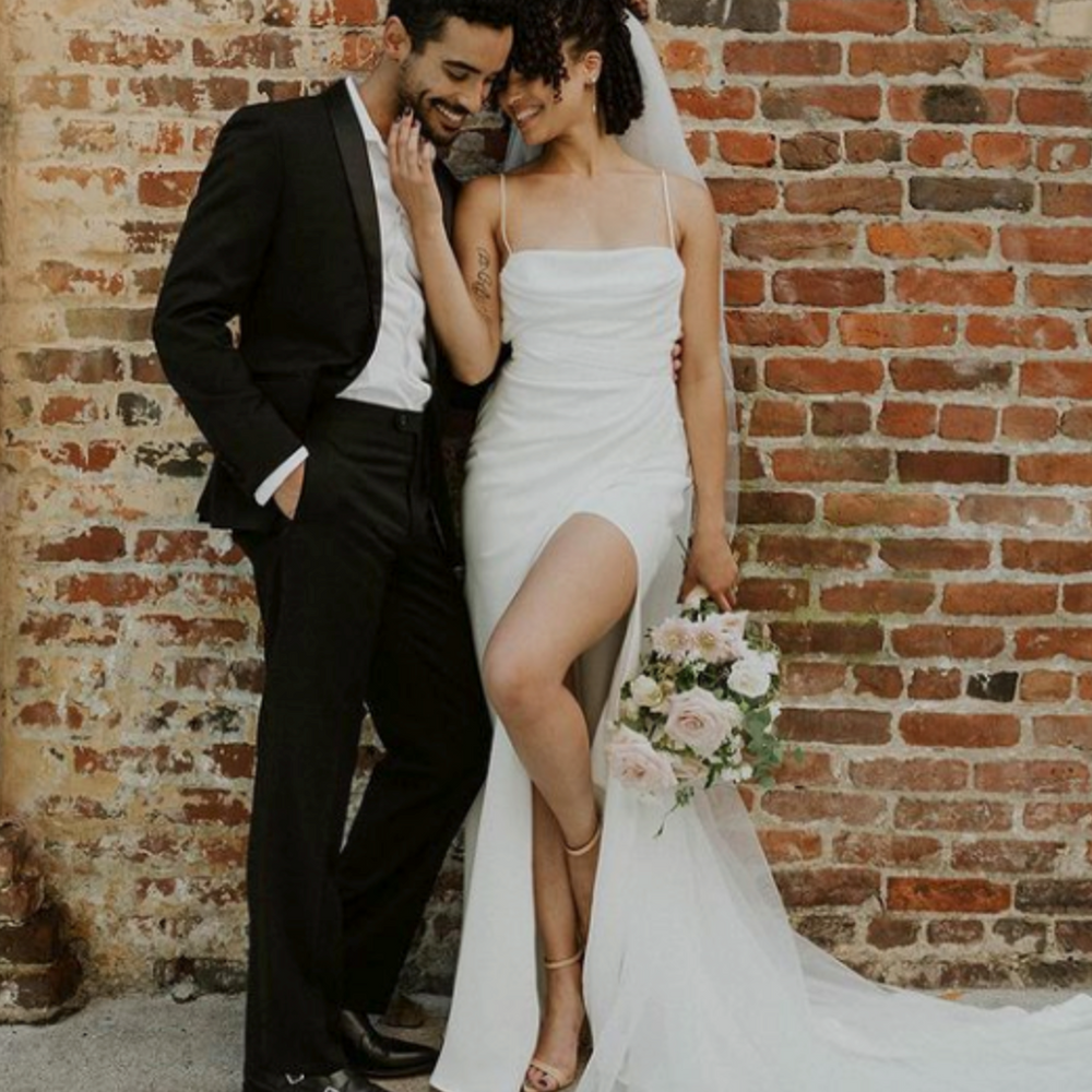 
                      
                        Simple Sexy Boho Mermaid High Slit Bohemian Satin Wedding Bridal Gown
                      
                    