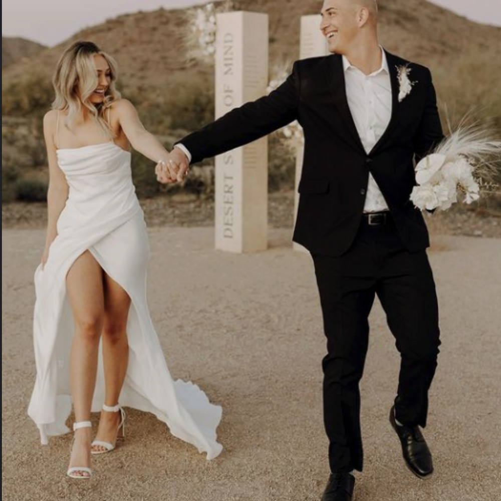 
                      
                        Simple Sexy Boho Mermaid High Slit Bohemian Satin Wedding Bridal Gown
                      
                    