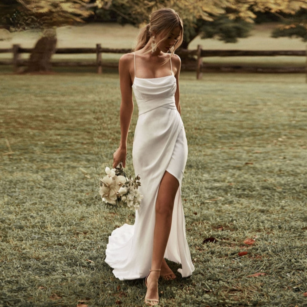 
                      
                        Simple Sexy Boho Mermaid High Slit Bohemian Satin Wedding Bridal Gown
                      
                    