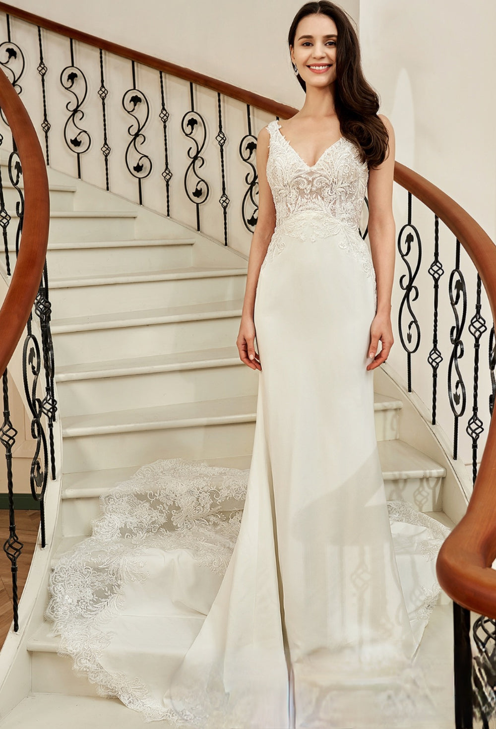 Motifs Crepe Sheath Shaped Court Lace Train Wedding Dress