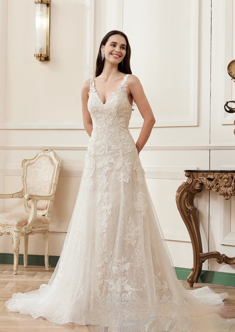 Romantic A-Line V-neck Floral Applique Court Train Bridal Gown