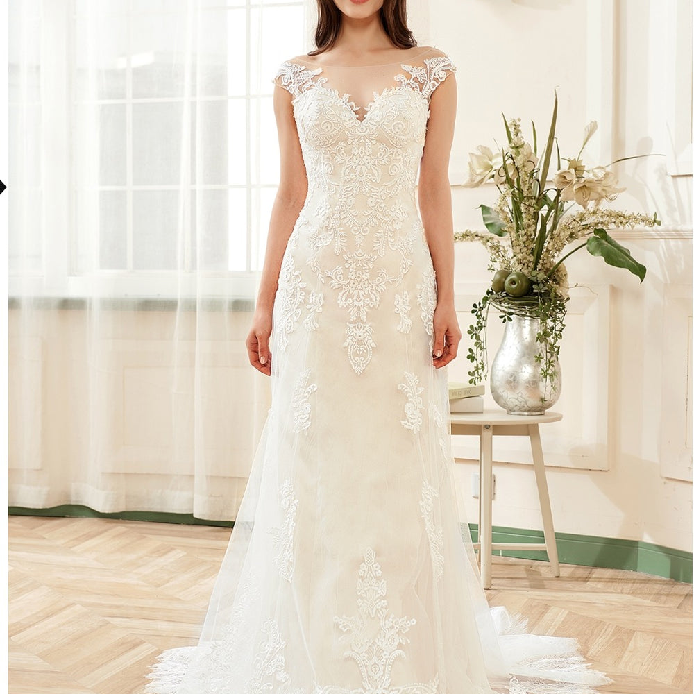 Stunning Illusion Lace Bateau Neckline With Cap Sleeve Wedding Gown