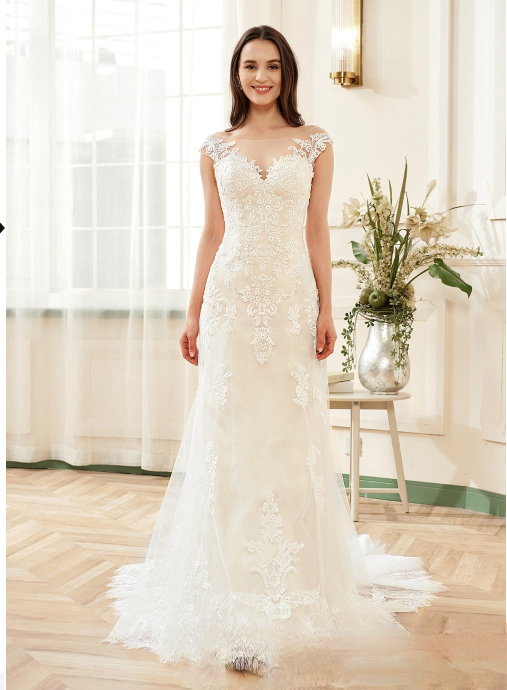 Stunning Illusion Lace Bateau Neckline With Cap Sleeve Wedding Gown