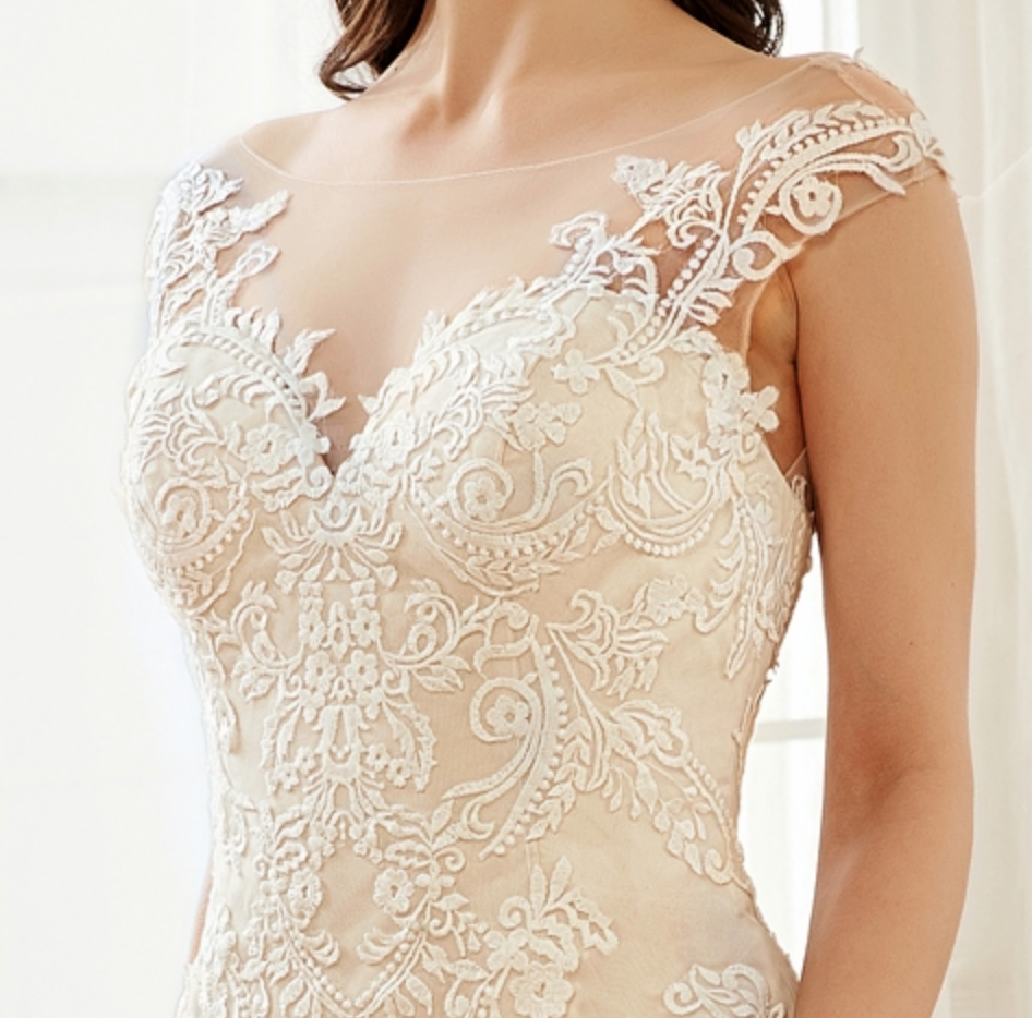 
                      
                        Stunning Illusion Lace Bateau Neckline With Cap Sleeve Wedding Gown
                      
                    