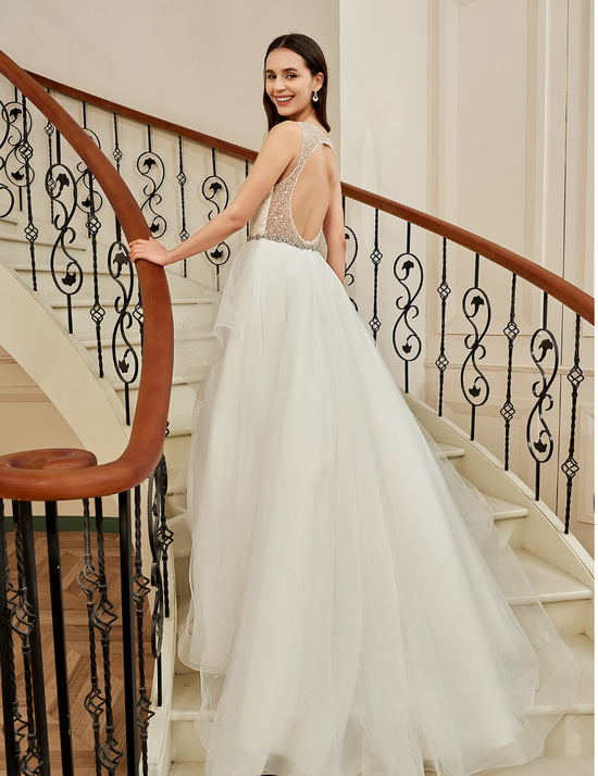Shining Beaded Bodice Keyhole Back Ruffle Tulle Skirt Ball Gown
