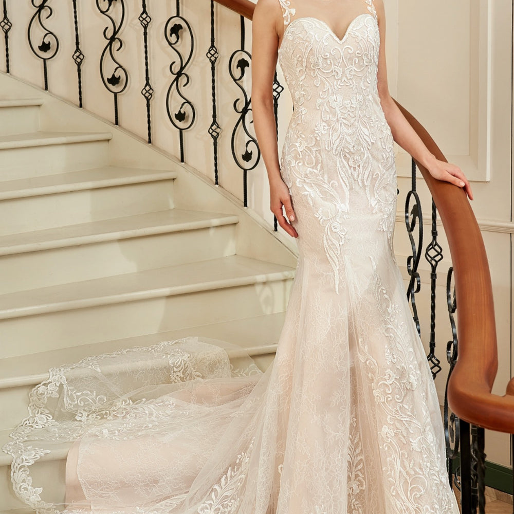 
                      
                        Blush Illusion Neckline Lace Mermaid Wedding Dress
                      
                    