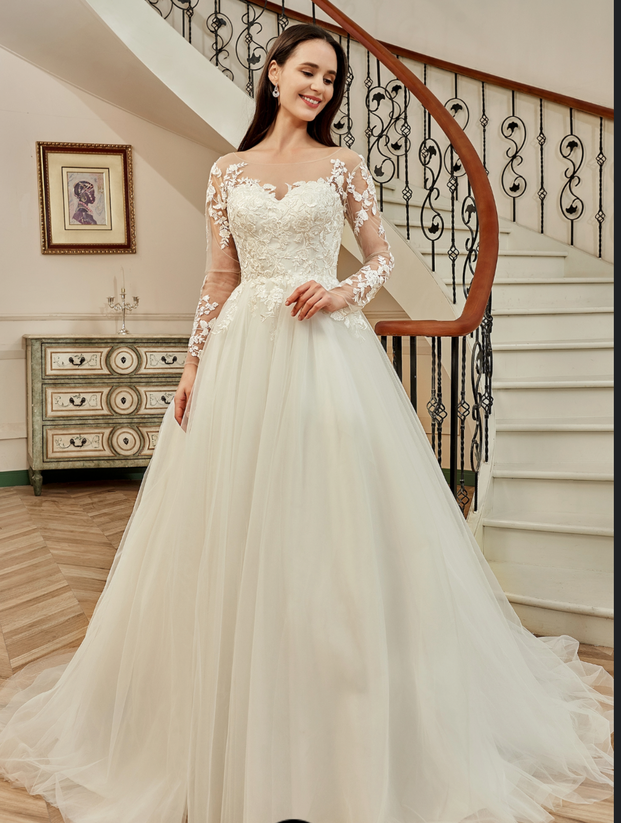 Off Shoulder Illusion Lace Three Quarter Sleeve Floor Length Tulle Lace  Wedding Dresses 