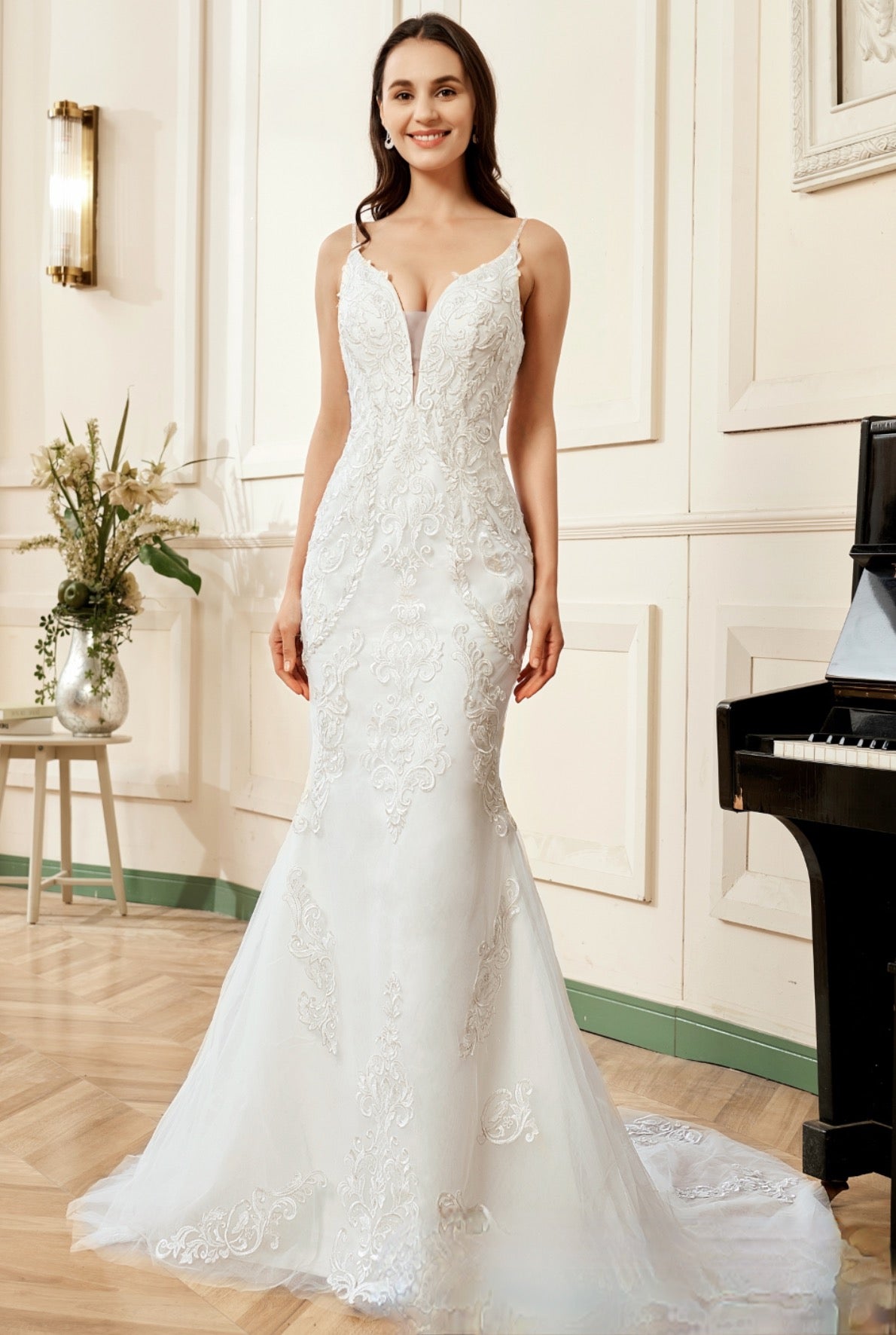 Plunging V-Neck Silver Embroidered Lace Court Train Wedding Dress