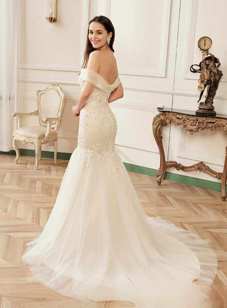 
                      
                        Off-The-Shoulder Mermaid Chapel Train Sequined Tulle Wedding Dress
                      
                    