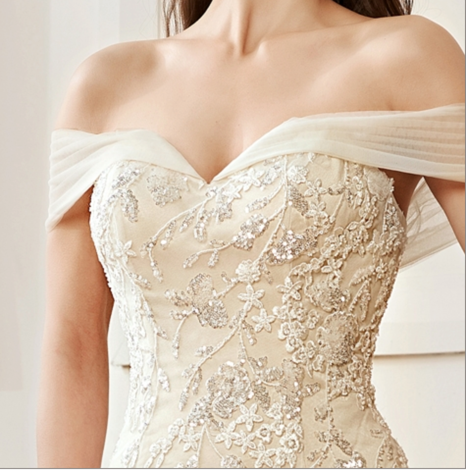 
                      
                        Off-The-Shoulder Mermaid Chapel Train Sequined Tulle Wedding Dress
                      
                    