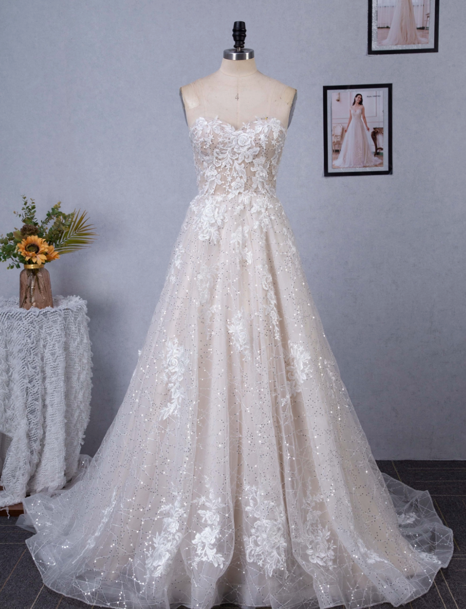Floral Lace Sweetheart Sequin Tulle Wedding Dress With Detachable Straps