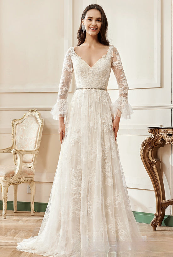 Load image into Gallery viewer, A-Line V-Neck Chapel Train Lace Wedding Dress With Flare Long Sleeve
