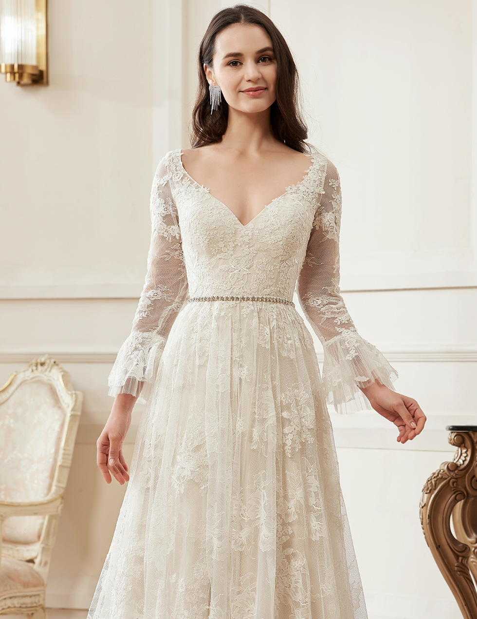 A-Line V-Neck Chapel Train Lace Wedding Dress With Flare Long Sleeve