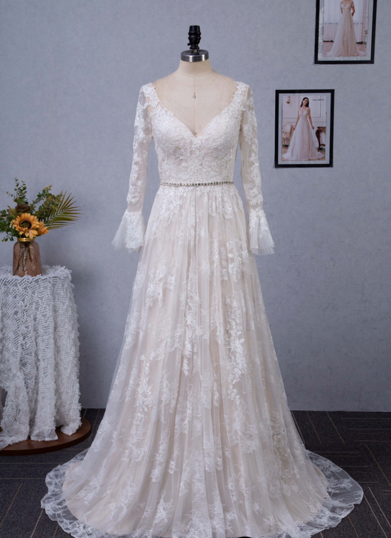 Load image into Gallery viewer, A-Line V-Neck Chapel Train Lace Wedding Dress With Flare Long Sleeve
