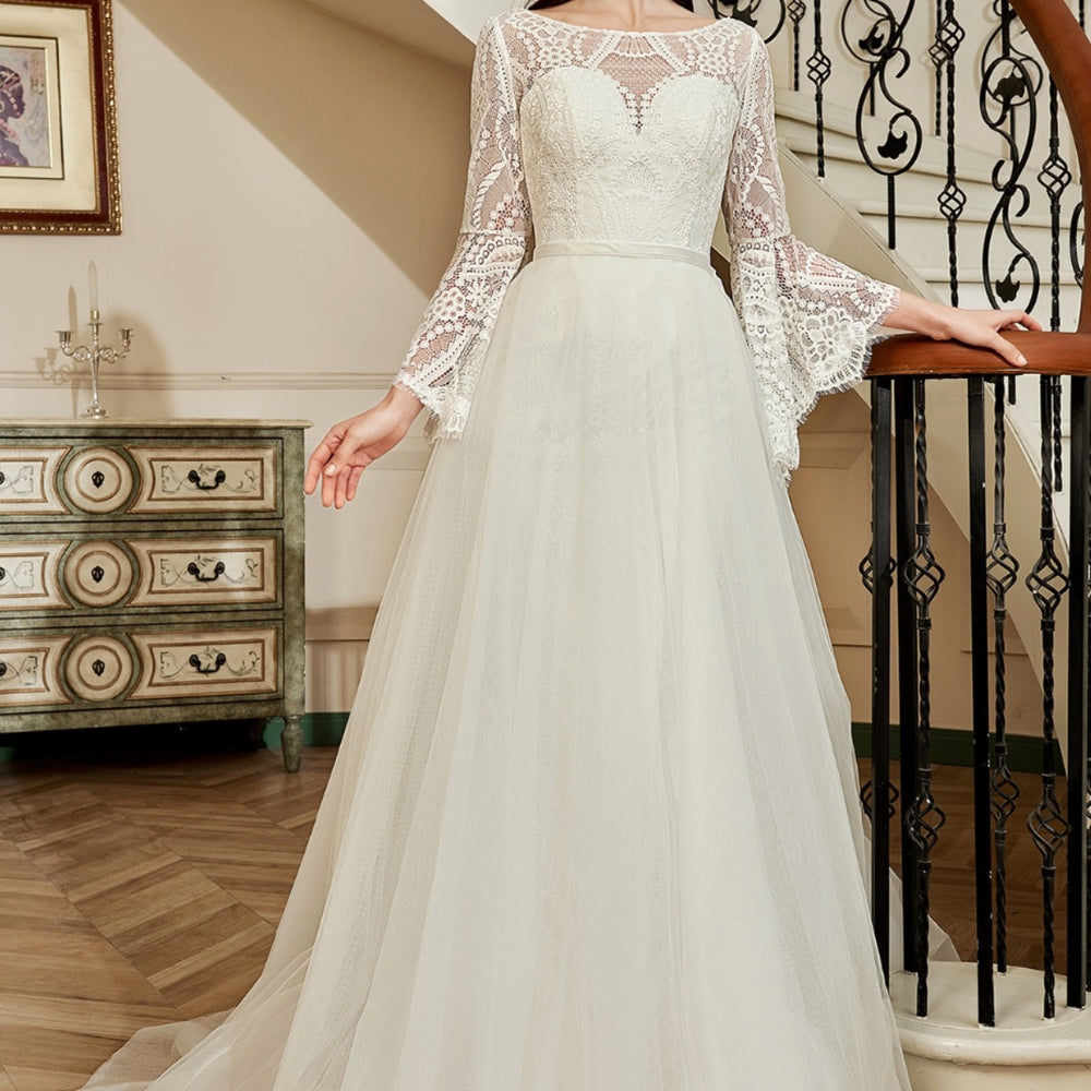 
                      
                        Illusion Neckline Lace Wedding Dress With Removeable Overskirt
                      
                    