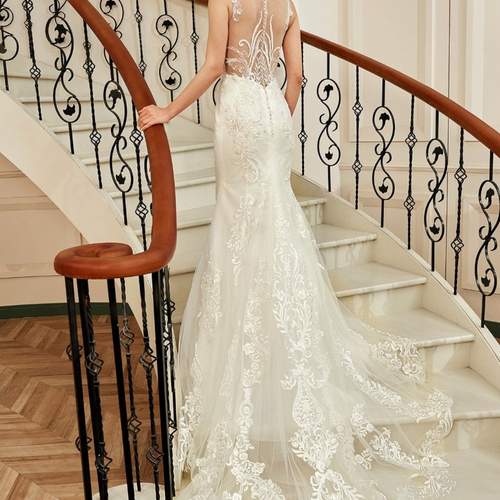 
                      
                        Sequin Beaded Illusion Back Wedding Dress With Long Lace Tulle Train
                      
                    