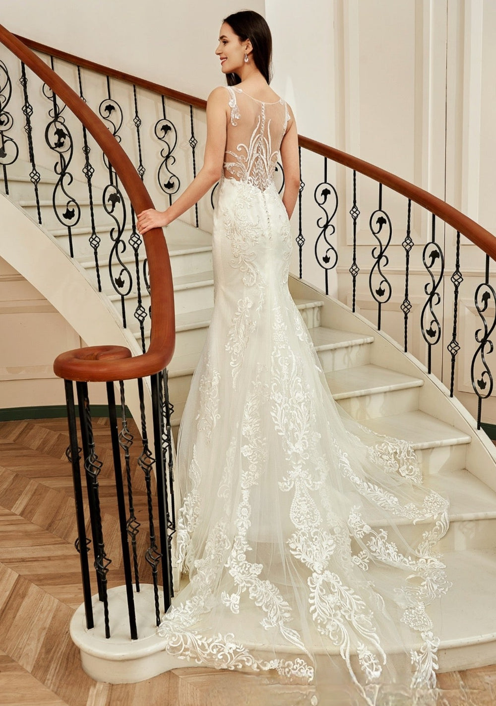 Sequin Beaded Illusion Back Wedding Dress With Long Lace Tulle Train