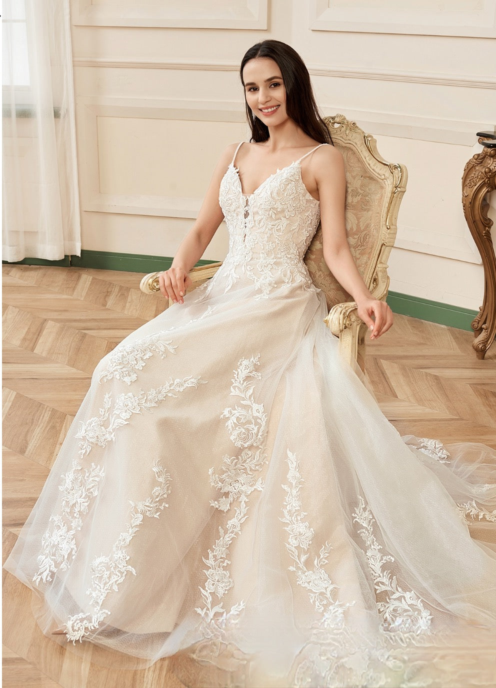 Greoenel Amor Luxury Wedding Dress White Square Neck Sleeve Church Wedding  Dress