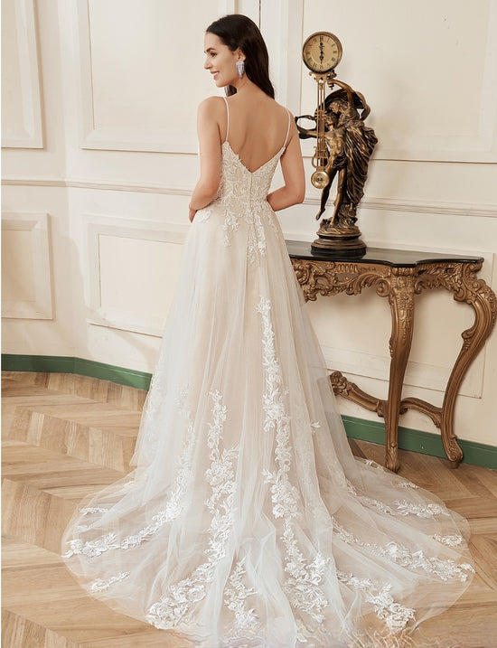 Gorgeous Blush V-Neck Flower Lace A-Line Wedding Dress